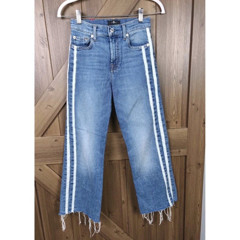7 For All Mankind Cropped Alexa Jeans Side Stripe Raw Hem Blue Denim 24